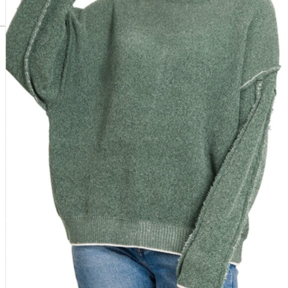 #302 Oversized Mock Neck Raw Seam Chenille Sweater - Picture 2 of 2